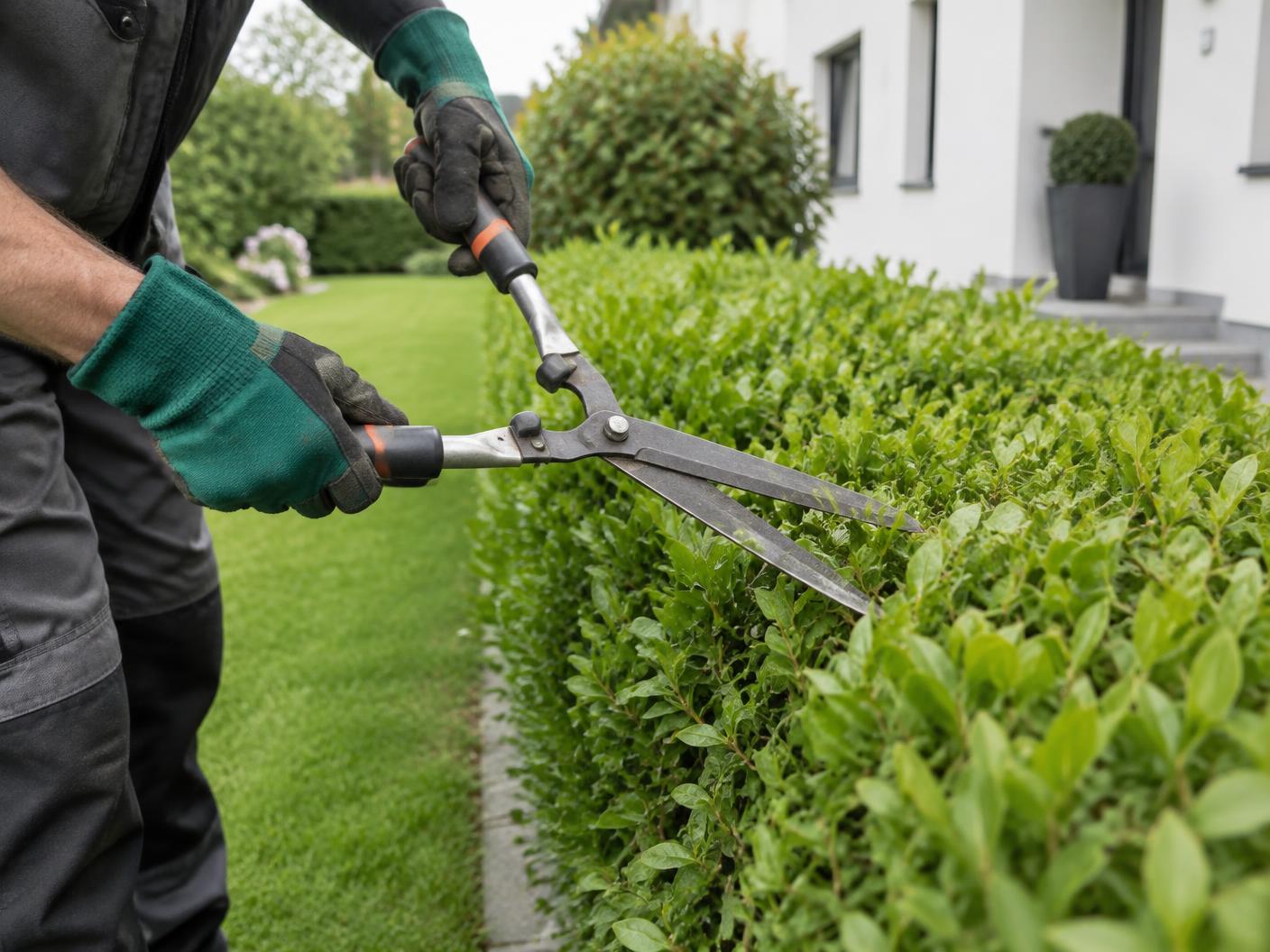 Sorgfältige Pflege einer Hecke an einer Wohnimmobilie