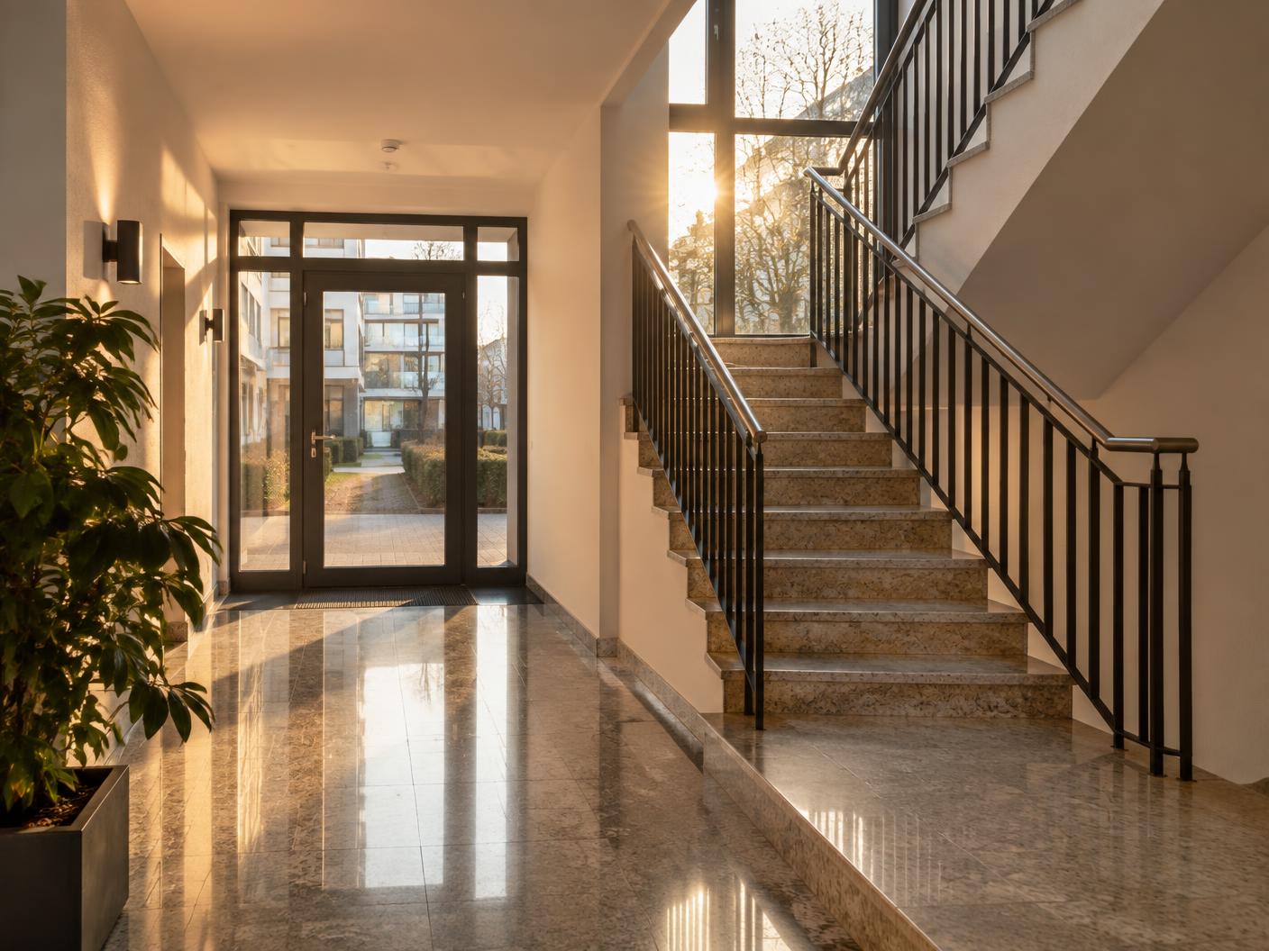 Sauberer und gepflegter Eingangsbereich eines Mehrfamilienhauses